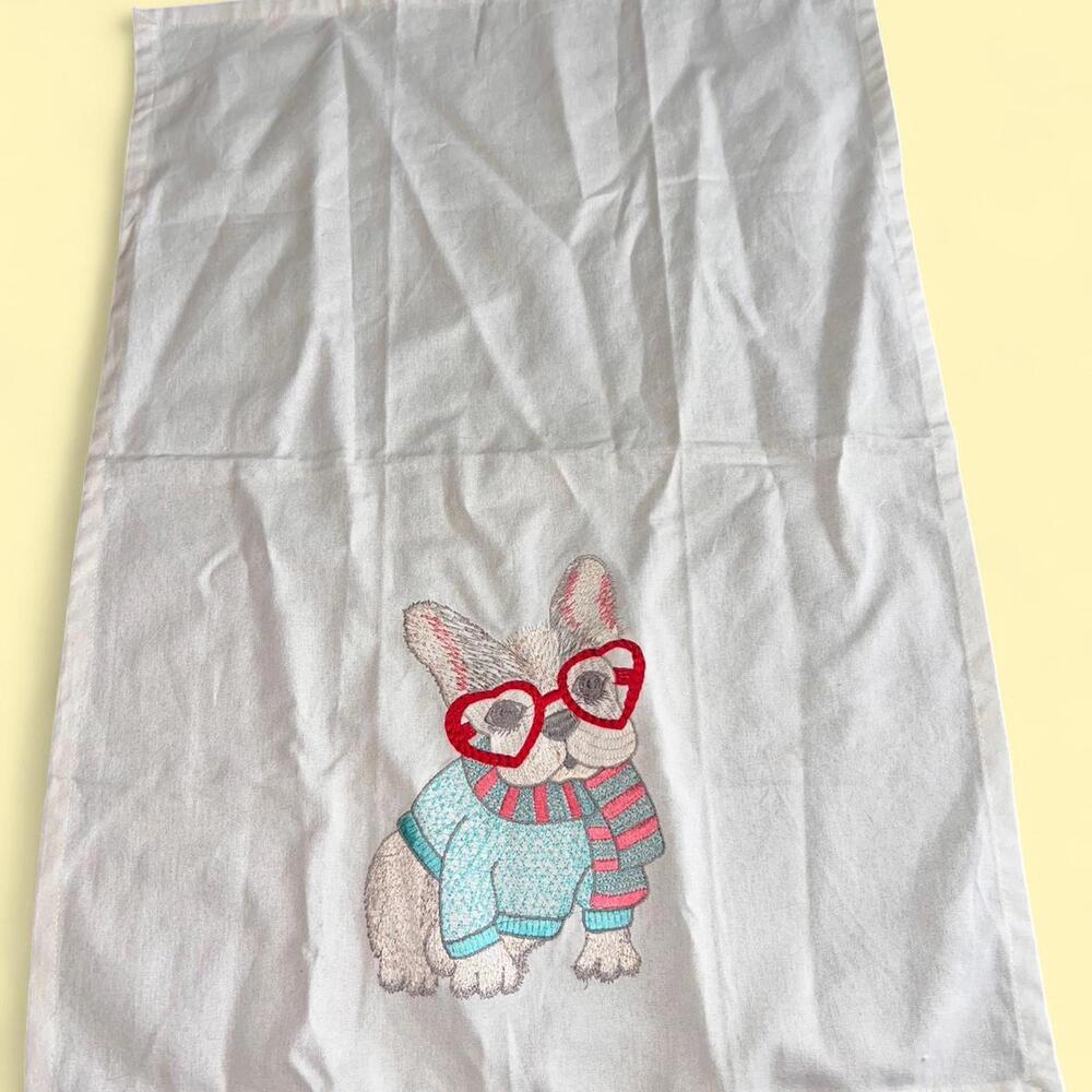 Cynthia Rowley French Bulldog Dog‎ Kitchen Towel Red Glasses Pom Pom Trim NWOT
